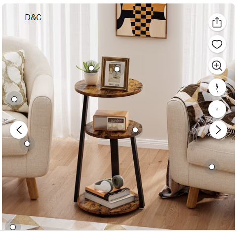 Biemlerfn End Side Table, Round Sofa Table with Metal Frame, 3-Tier Coffee Table Nightstand for Home, Black&Brown