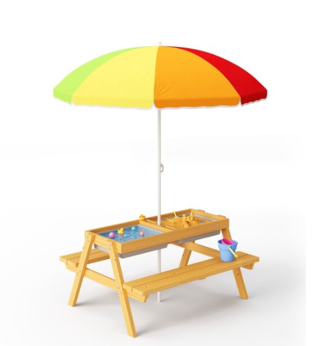 Kids Picnic Table with Umbrella, Noelse Toddler Outdoor Table with Bench, Kids 4-in-1 Sand & Water Table for Outdoor Playset
