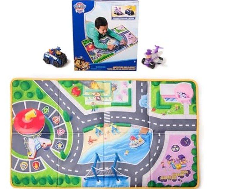 PAW Patrol Pup Squad Adventure Bay Playmat, 33-Inch Foldable Mat with Exclusive Chase and Humdinger Vehicles, Kids Toys for Boys & Girls Ages 3 and Up