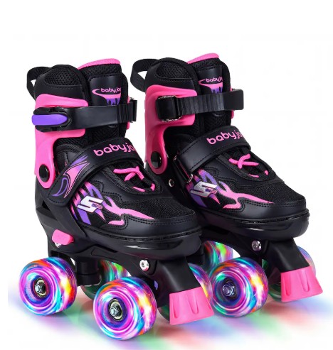 Gymax – Kids Roller Skates 4 Sizes Adjustable Quad Skates w/Light-up Wheels for Ages 5-7 – Pink