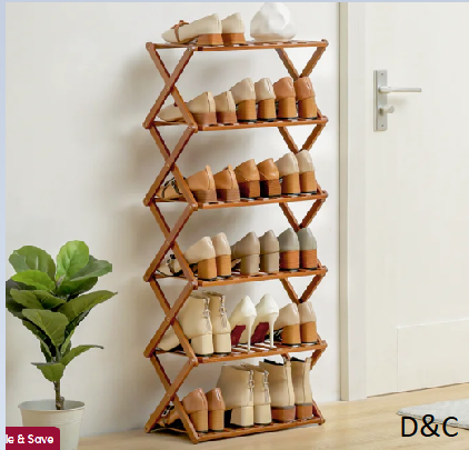 6 Tiers 12 Pairs Shoe Rack Installation-Free, Foldable Bamboo Organizer Storage Stand for Entryway