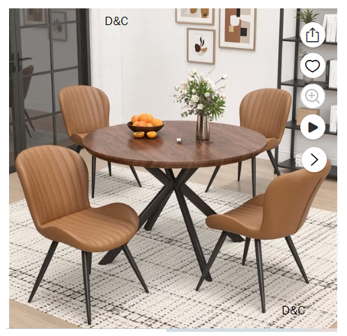 Hawsaiy 3-Piece 47.2″ Round Dining Table Set for 4, Modern Wood Kitchen Table with 4 Dining Chairs, Space-Saving Dining Set with Metal Base for Apartment, Small Space, Walnut Table + Brown Chairs