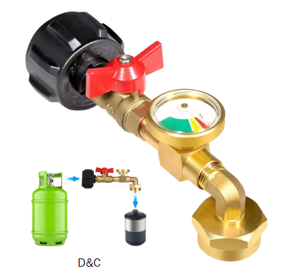 Sentryse Propane Refill Adapter with Valve and Gauge, Fill 1 lb Bottles from 20 lb Tank, Solid Brass