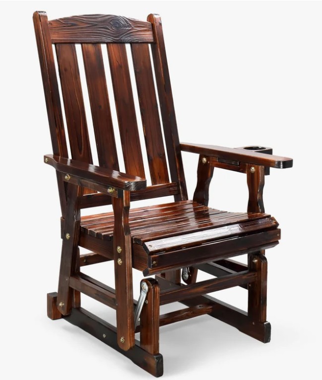 32 In. Solid Wood Patio Glider Chair With Cup Holder