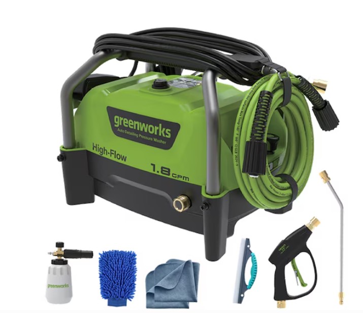 Greenworks High Flow Automotive 1200-PSI 1.8-GPM Cold Water Electric Pressure washer with 3 Spray Tips