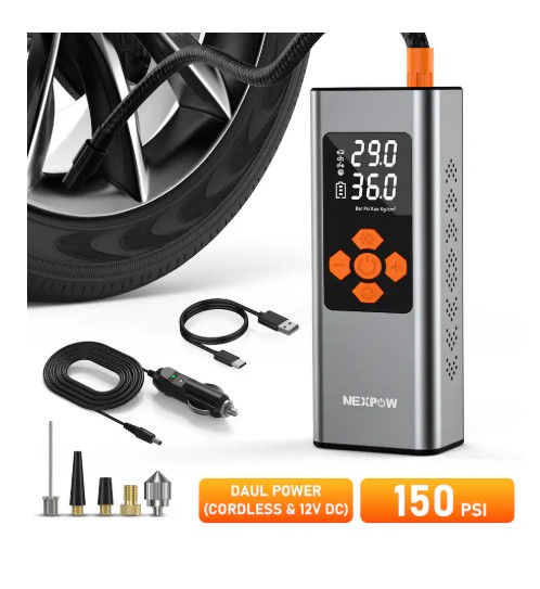 NEXPOW – Tire Inflator 150 PSI 7500mAh Cordless Air Compressor Dual Power Auto Shut Off LED Dual Screen – Gray