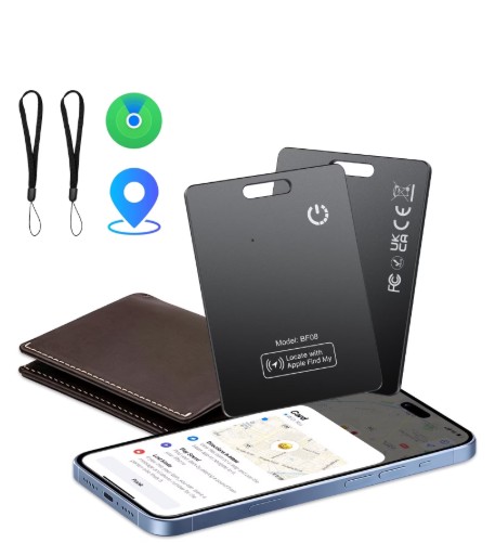 Wallet Tracker Card 2Pack, Bluetooth Tracker with Apple Find My(iOS Only), Rechargeable Thin Smart Card Wallet Finder, Item Finder for Luggage/Passport/Phone/Keys, IP68 Waterproof Black, FCC Approved