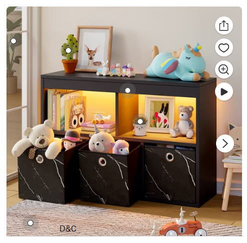 Pinmoco 5-Cube Kid’s Bookshelf LED Toy Storage Organizer with Three Marbled Fabric Drawers for Playroom Storage, Black