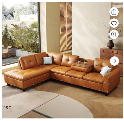 AENKYO 98″ L-Shaped Upholstered Sectional Sofa Couch with Storage & Cup Holders, Faux Leather Living Room Sofa Set, Ginger