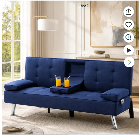 Gewnee 65.35″ Futon Sofa Bed,Folding Loveseat Recliner with Cup Holders,Modern Couch for Guest Room,Navy Blue