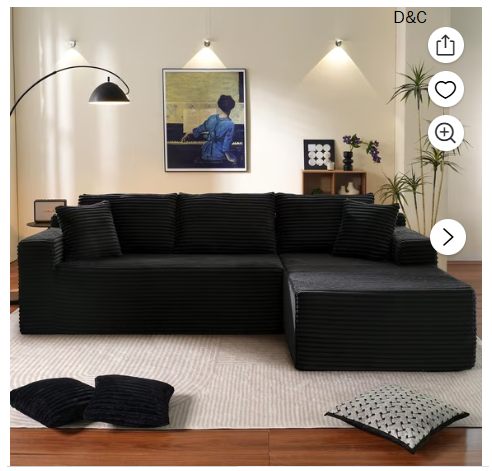 Muumblus Modular Sectional Couch, Modern Oversized L-Shape Boneless Cloud Couch for Living Room, No Assembly Required, Black Corduroy, Right Chaise