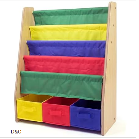 Humble Crew 4-Tier Kids Bookshelf and 3 Bins Toy Storage, Natural and Primary – Book Shelf for Kids Rooms with Four Deep Pockets – Toddler Sling Book Rack with Deep Sleeves, Nursery Bookcase Organizer