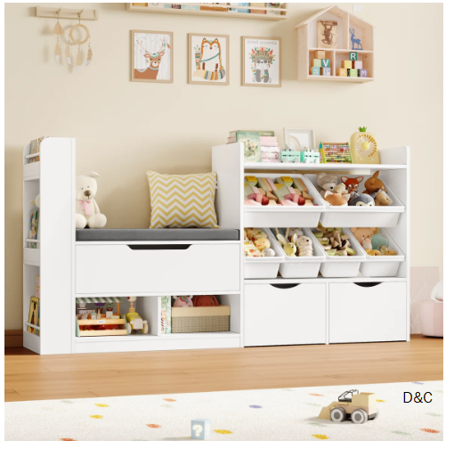 63”W 35.4”H Kids Bookcase with Cozy Reading Nook, Toy Storage Bins & Rolling Drawers – A Toddler Bookshelf That Organizes, Displays, and Inspires Daily Storytime