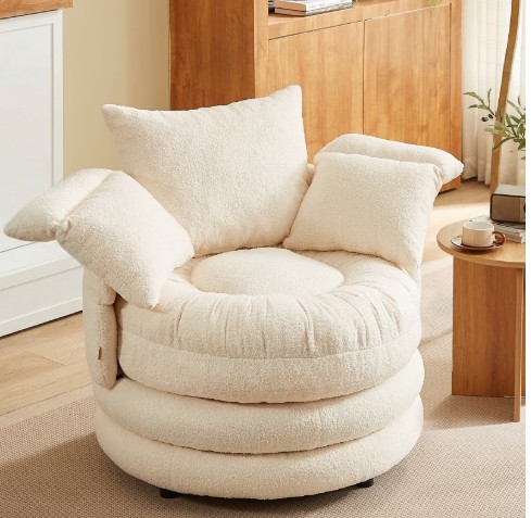 Pinmoco 360° Swivel Accent Chair Barrel Chair, Oversized Chair with 3 Pillows, Upholstered Sofa Chair for Living Room, Bedroom, Reading, Reading,Teddy Velvet Off-White