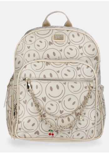 Madden NYC Women’s Dome Backpack with Charm Chain Accent, Khaki Smiley