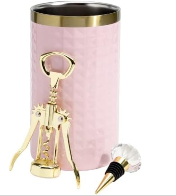 Paris Hilton Wine Bottle Chiller Set, Insulated Double Wall Chiller, Gold Winged Corkscrew Wine Bottle Opener, Diamond Wine Stopper, 3-Piece Set, Pink