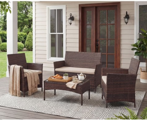 Lacoo 4 Pieces Patio Furniture Set Outdoor Conversation Wicker Rattan Chairs Seating with Cushion and Glass Table Weather-Resistant for Garden Backyard Porch, Brown