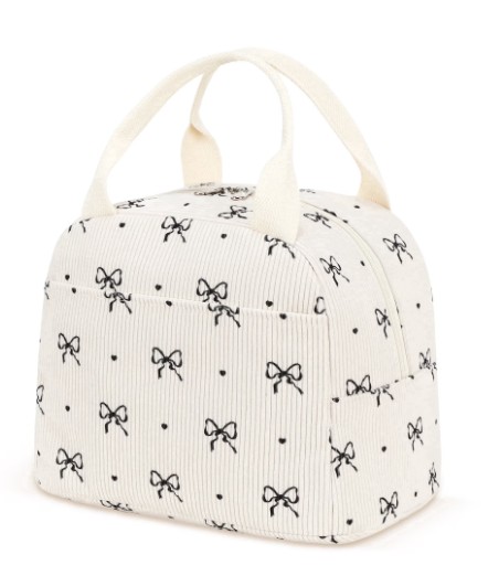 Inosoo Stylish Insulated Tote Lunch Bag for Women, Reusable Corduroy Lunch Box for School or Work, Black Bow Patterned