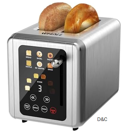 WHALL® Touch Screen Toaster 2 Slice, Stainless Steel Digital Timer Toaster, 6 Bread Types & 6 Shade Settings, Smart Extra Wide Slots Toasters With Bagel, Cancel, Defrost Functions