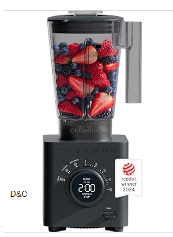 Chefman Obliterator 48oz Countertop Blender for Smoothies, 1380W Motor to Crush Ice, Nuts, and Frozen Fruit with Stainless Steel Blade, Auto Blend Function, Includes Tamper and Scraper – Midnight
