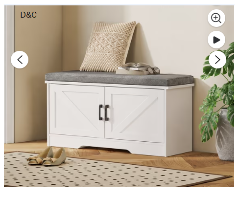 CONCETTA 39 Inch Width White Storage Bench, Padded Seat Entryway Shoe Bench Featuring 4 Barn Doors and Adjustable Storage Shelf