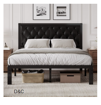 Lifezone Bed Frame with Upholstered Headboard, Queen, Metal Support, No Box Spring Needed, Modern Black