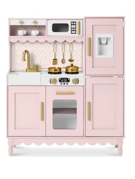 Best Choice Products – Wooden Cottage Kids Pretend Play Kitchen with 11 Accessories, Espresso Machine – Pink