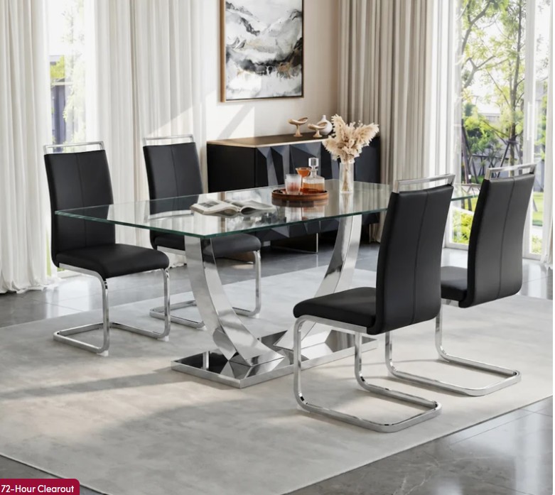 5-Piece Modern Rectangular Tempered Glass Dining Set with Metal Base and Faux Leather Cantilever Chairs