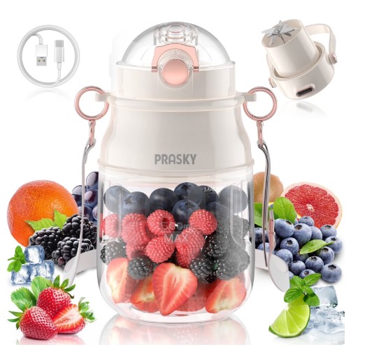 PRASKY 2-in-1 Portable Blender, BPA Free 27oz for Juicer, Smoothies and Shakes (White)