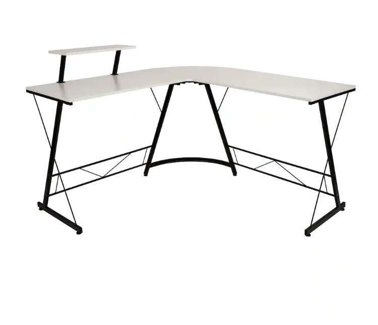 Emma + Oliver – L-Shaped Computer Desk, Gaming Desk, Home Office Desk, Frame – White Top/Black Frame