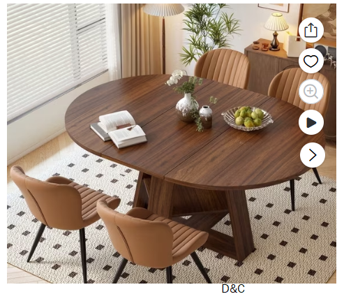 Hawsaiy Extendable Round to Oval Dining Table Set for 4–6, Space-Saving Wooden Table with Hidden Storage, Expandable Dining Table with Upholstered Chairs(Walnut Table+4 Brown Chairs)