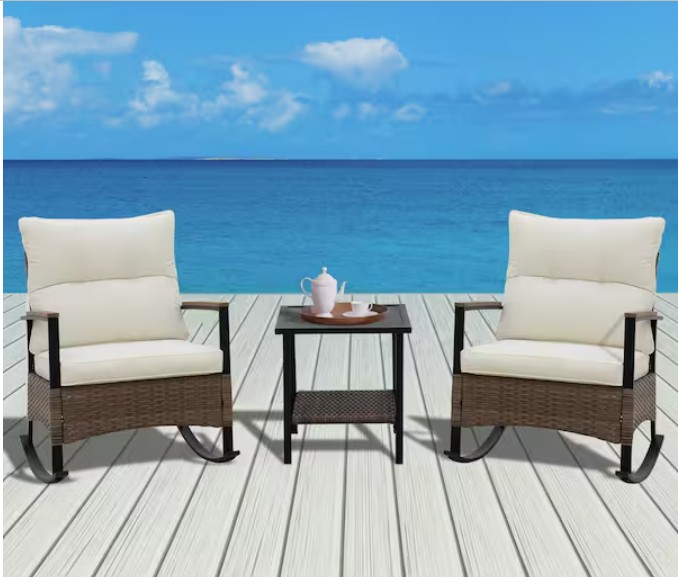 3-Piece Brown Wicker Outdoor Sofa Set Rattan Rocking Chair Set with Beige Cushion and Side Table for Patio Deck Backyard q