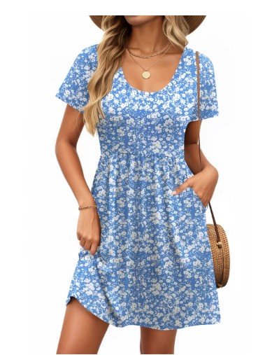 UVN Summer Dresses for Women Boho Floral Print Midi Dresses Casual Short Sleeve U Neck Beach Sundress with Pockets