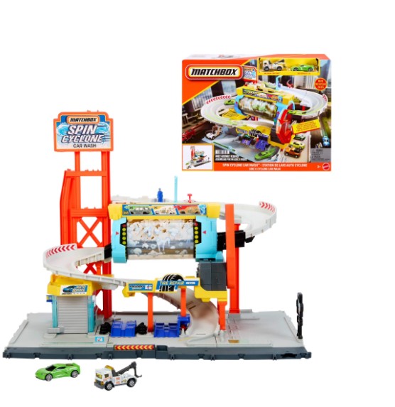 Matchbox Spin Cyclone Car Wash Playset with 1:64 Scale Die-Cast Toy Corvette & Tow Truck