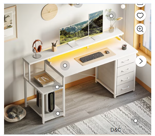Casacomoda 55 Inch Computer Desk with LED Light, Monitor Stand, Desk with 4 Drawers, Home Office Desk with Storage Shelves, White Office Desks, White