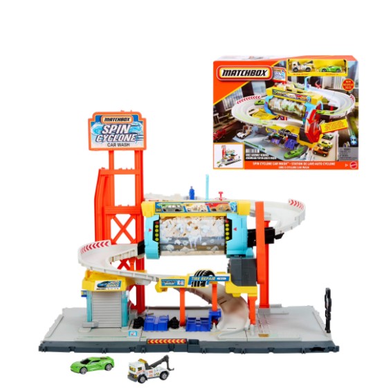 Matchbox Spin Cyclone Car Wash Playset with 1:64 Scale Die-Cast Toy Corvette & Tow Truck