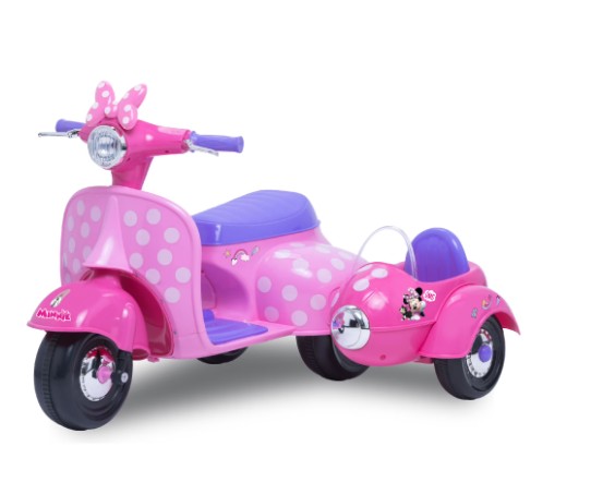 6V Disney Minnie Mouse Happy Helpers Scooter with Sidecar Ride-On Toy by Kid Trax, 1 mph