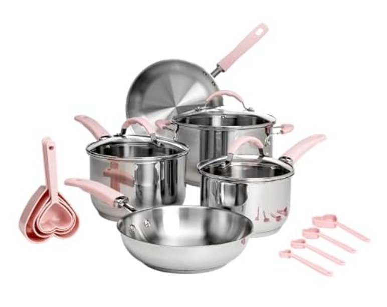 Paris Hilton Stainless Steel Pots and Pans Set with Stay-Cool Pink Handles, Tempered Glass Lids, Bonus Heart Shaped Measuring Cups and Spoons, Dishwasher Safe Cookware, 10-Piece Set