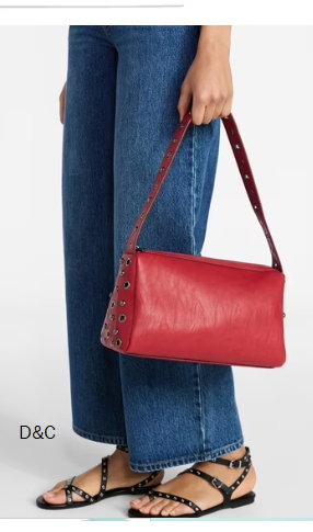 No Boundaries Women’s Faux Leather Studded Moto Shoulder Bag, Carmine Red