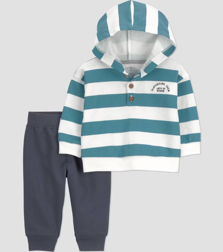 Carter’s Just One You® Baby Boys’ 2pc Playground Crew Striped Hooded Sweatshirt and Jogger Pants Set – Gray Newborn
