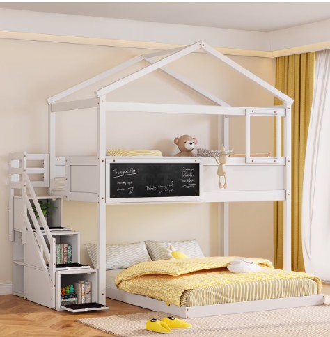 Euroco Twin over Full House Bunk Bed with Storage Staircase and Writting Blackboard for Kids Teens Bedroom, Moverable Lower Bed, White