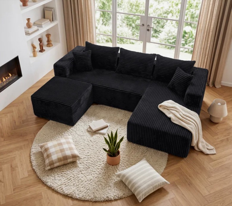 3-Piece U-Shaped Sectional Sofa with 5 Pillows, Soft Flannel Fabric and Pocket Spring Support, No Assembly Required Modular Couch for Living Room, Black