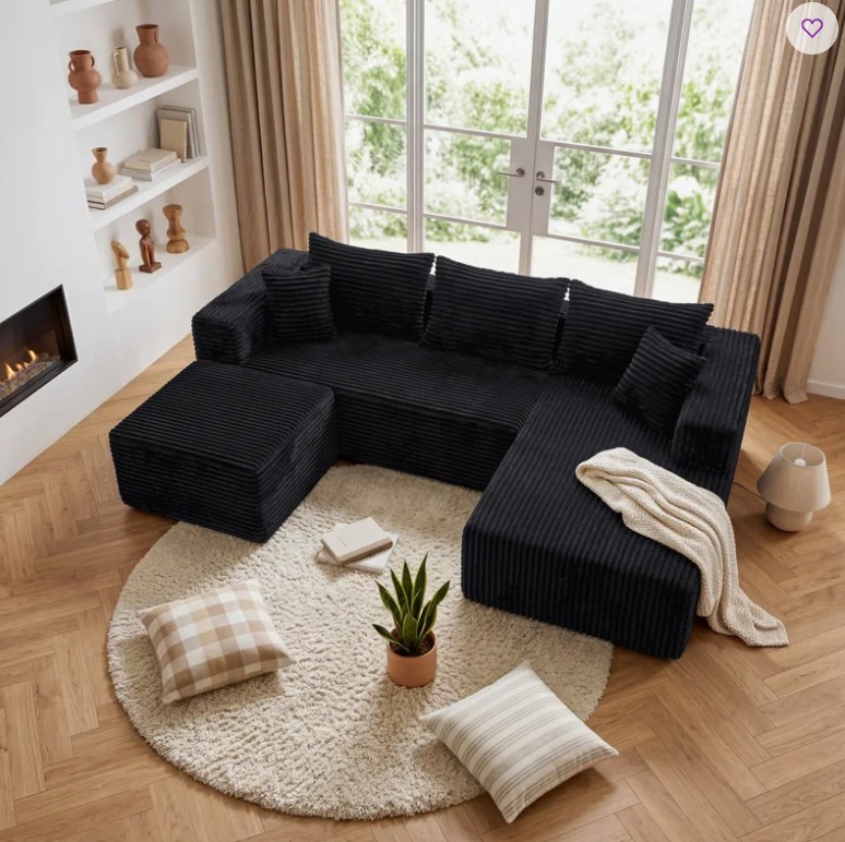 3-Piece U-Shaped Sectional Sofa with 5 Pillows, Soft Flannel Fabric and Pocket Spring Support, No Assembly Required Modular Couch for Living Room, Black
