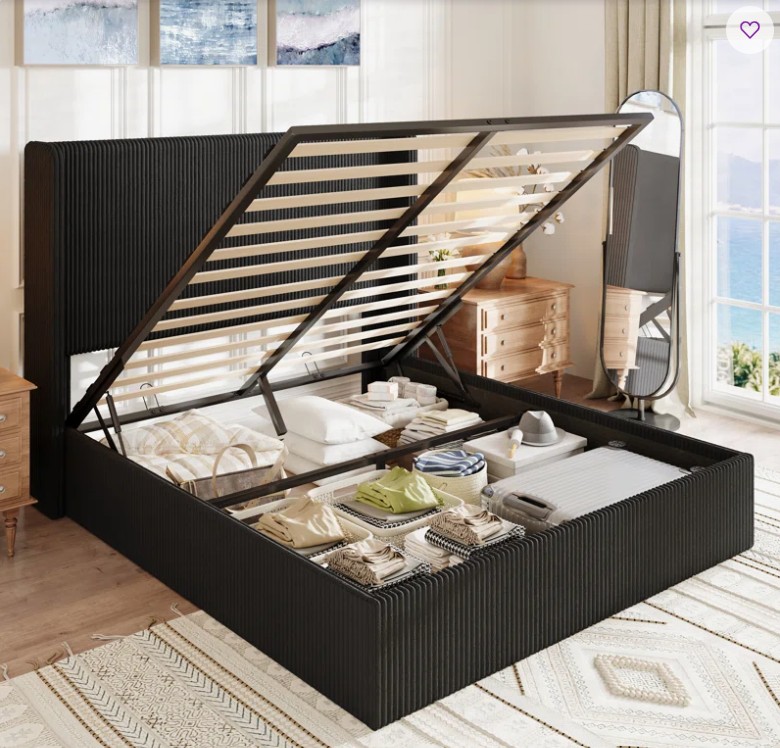 Hydraulic Lift Up Storage Platform Bed, Upholstered In Corduroy,No Spring Box Needed