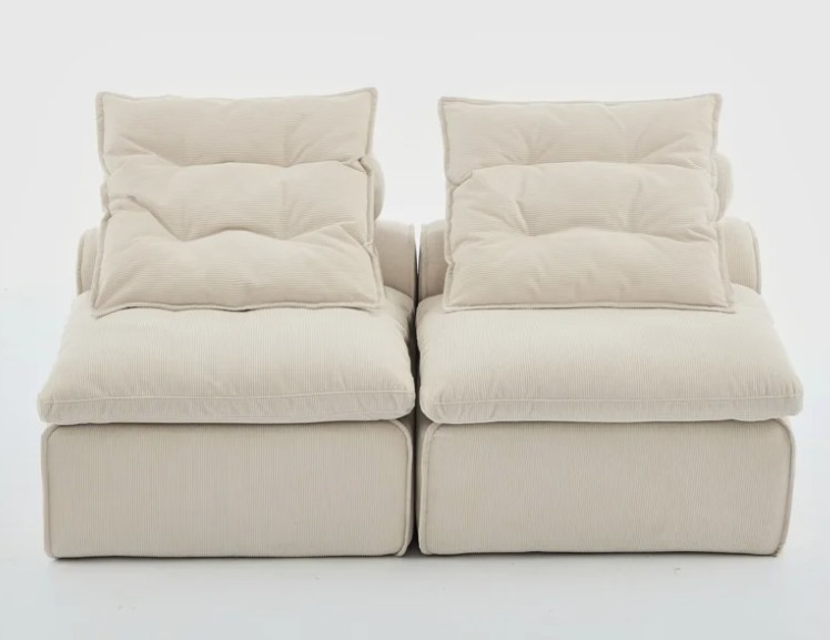 Armrestless Modular For 2, Beige Corduroy, Diy Arrangements, With Lumbar Pillow And Neck Support , 2 Seats, Soft Combinations, Pillows Included