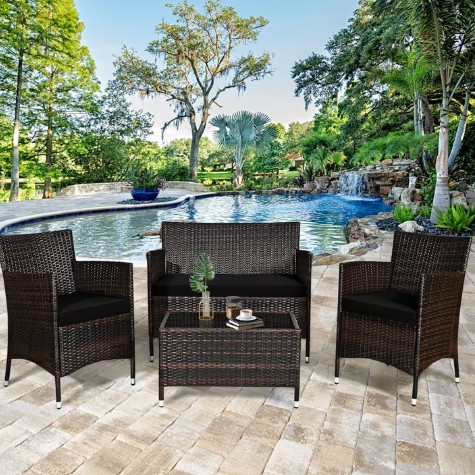 Gymax 4PCS Patio Rattan Conversation Furniture Set Outdoor w/ Black Cushion