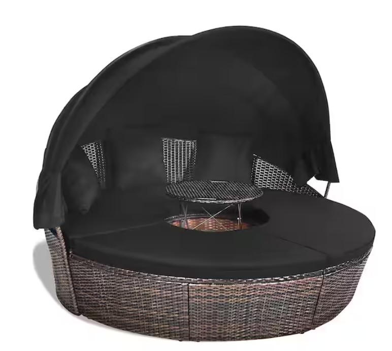 Brown 1-Piece Rattan Wicker Outdoor Patio Day Bed with Black Cushions