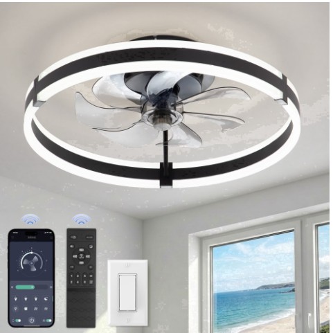 Lokivas 20″ Black Modern Ceiling Fan with Light, Flush Mount, Quiet 6 Speeds, Dimmable LED, App and Remote Control for Indoor