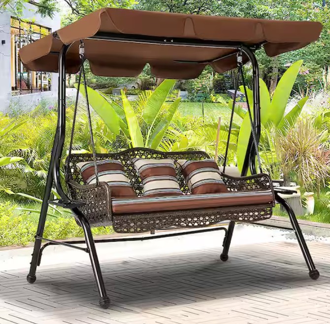 Brown 3-Person Wicker Outdoor Patio Swing with Cushion and Pillows
