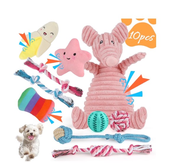 MASBRILL Dog Toys for Small Dogs ,10 Pack Puppy Chew Toys for Teething and Training with Plush Squeaky Toys, Treat Ball and Rope Toys to Keep Them Busy,Pink Pig